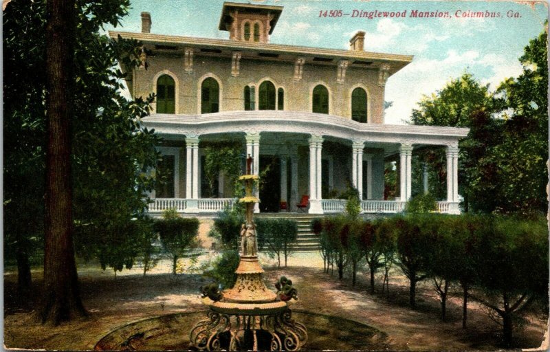 Vtg Columbus Georgia GA Dinglewood Mansion White Pillar Fountain 1910s Postcard