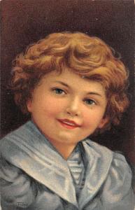 Close up view young child in blue suit artist signed W. Dell antique pc Y14253