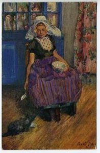 Raphael Tuck Pictorial Holland Woman Feeding The Cat Postcard