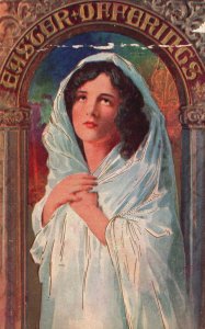 Vintage Postcard 1911 Easter Offerings Greetings Card Pretty Woman in White Veil