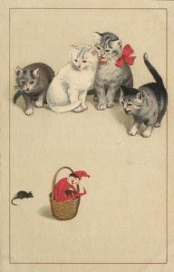 PC CATS, FOUR CATS AFRAID OF A MOUSE, Vintage Postcard (b47103)