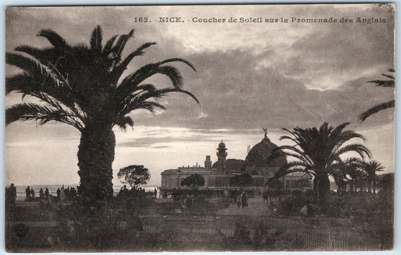 c1910s Nice, France Sunset Promenade des Anglais Palm Trees Beachfront Dome A355