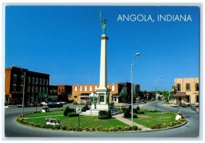 \Angola IN, Stuben County Civil War Soldiers Landmark Downtown Cars Postcard