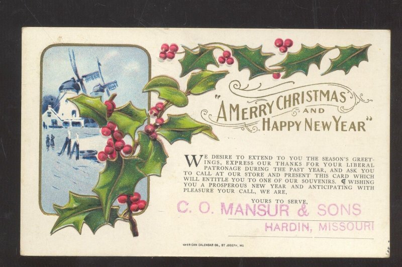 HARDIN MISSOURI MANSUR & SONS ADVERTISING CHRISTMAS VINTAGE POSTCARD 1914