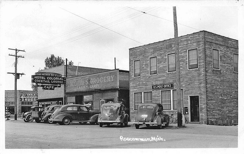 Roscommon MI Main Street Storefronts Post Office RPPC Postcard