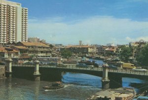 Boats Bridge at Hill Street Harbour Over Singapore River Postcard