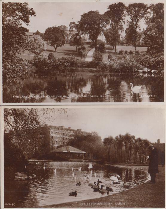 St Stephens Green Peoples Gardens Lake 2x Duck Swans Irish Real Photo Postcard s