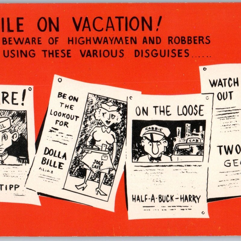 c1960s Comic Tourist BEWARE Signs Tony Tipp Chauffeur, Dolla Bille Waiter + A195
