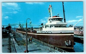 SAULT STE. MARIE, Michigan MI ~ Ship JOSEPH BLOCK Soo Locks c1960s-70s Postcard