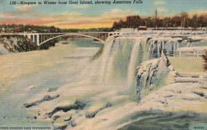 Vintage Postcard 1952 Niagara In Winter From Goat Island Showing American Falls