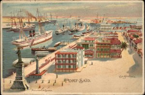 Port Said Egypot General Vue Ships Harbor Nice Lithograph c1905 Postcard
