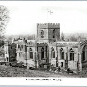 c1960s Edington, Wiltshire England RPPC Church Ancient Stone Cemetery Photo A187