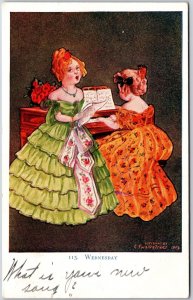 1906 Twelvetrees Series No. 115 Wednesday, Girls Dresses Reading Books, Postcard