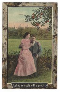 Eating an apple with a peach. Vintage Theochrom postcard. 1911 Indianapolis