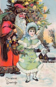 Santa red suit-girl with angel wings~toy puppets-tree~Christmas postcard w/ snow