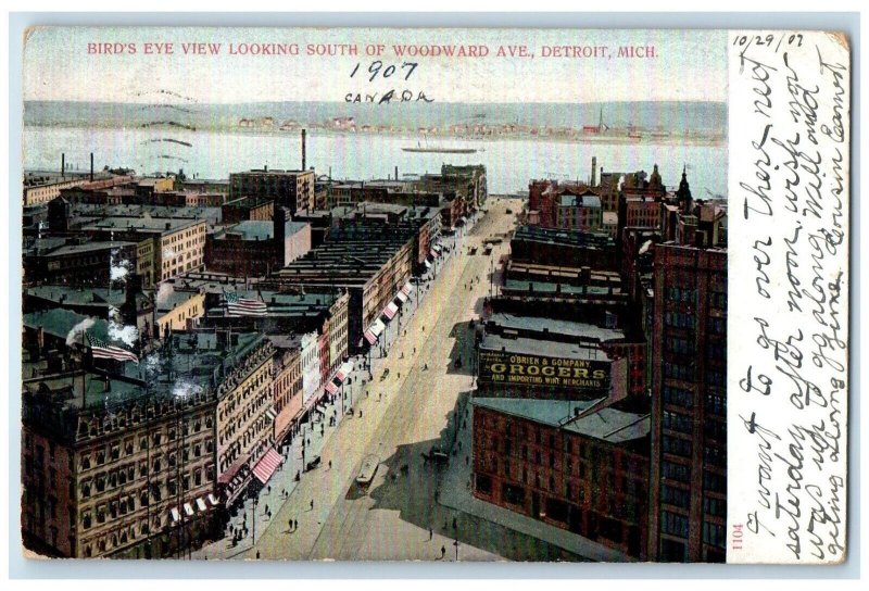 1907 Bird's Eye View Looking South Of Woodward Avenue Detroit MI Posted Postcard