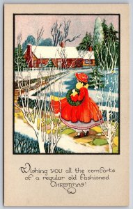 Christmas~Pretty Fashion Woman Walks w/ Wreath to Home~Garden Path~1920 ART DECO