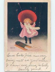 Pre-1907 signed GIRL WITH A TOBOGGAN SLED LABELED THE SNOW QUEEN HL5135