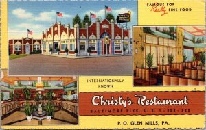 Linen Postcard Christy's Restaurant, Baltimore Pike in Glen Mills, Pennsylvania