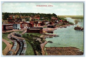 c1950 Aerial View Railway Lake River Passenger Ferry Burlington Iowa IA Postcard