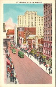 VINTAGE POSTCARD CROWDS STREET SCENE ST. CATHERINE STREET WEST MONTREAL