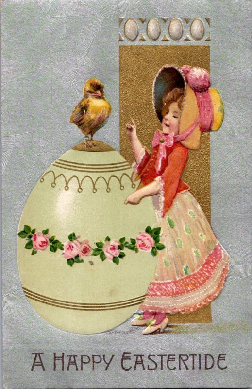 Winsch girl Easter bonnet huge egg with roses baby chick gold silver inks