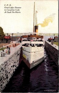 Postcard C.P.R. Great Lakes Steamer in Canadian Lock at Sault Ste-Marie Michigan