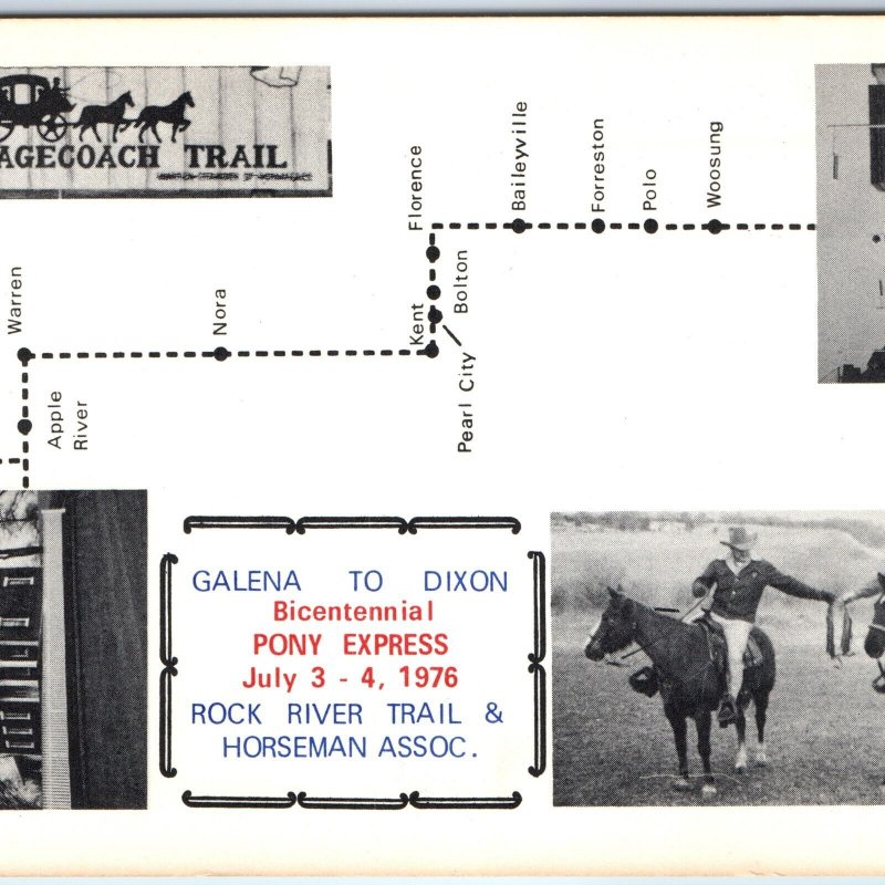 1976 Galena IL to Dixon ILL Bicentennial Pony Express Map Postal Route Lg. PC M1