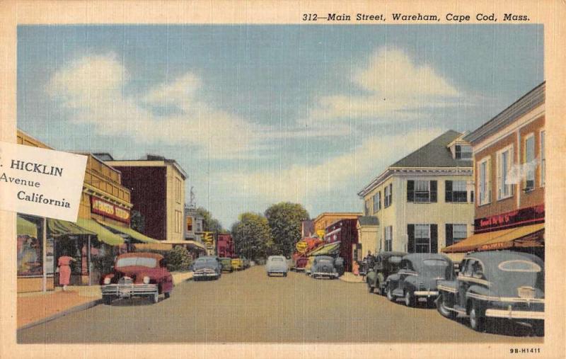 Wareham Massachsuetts Main Street Scene Historic Bldgs Antique Postcard K42310