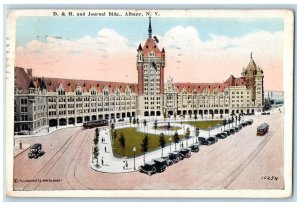 1921 D&H Journal Building Exterior Streetcar Park Cars Albany New York Postcard
