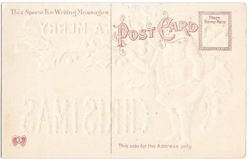 Embossed SANTA Claus Holding Present and Pointer - Vintage Christmas Postcard
