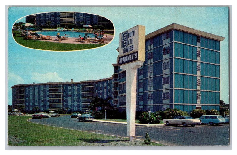 South Gate Towers Apartments St. Petersburg Florida Postcard Old Cars