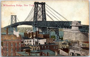 VINTAGE POSTCARD THE WILLIAMSBURG BRIDGE & FOUNDRY AT NEW YORK CITY c. 1910