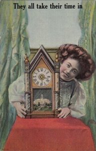 Beautiful Woman Holding Clock They All Take Their Time In