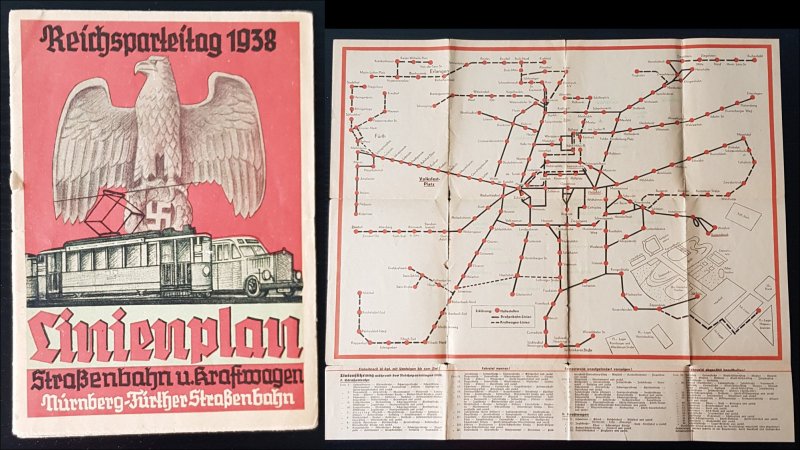RARE THIRD REICH ORIGINAL NURENBERG TRAMLINE PLAN MAP (NOT POSTCARD) 1938 RALLY
