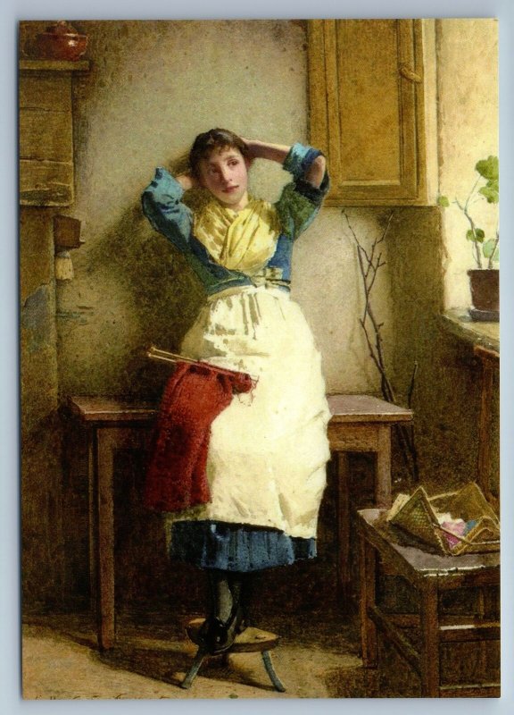 Pretty Girl knits on knitting needles Window by Carlton Smith NEW MDRN Postcard