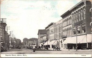 Postcard Superior Street, Business District in Albion, Michigan