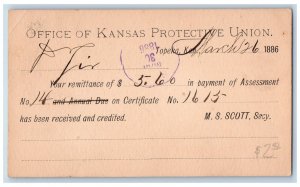 Topeka KS Postal Card Office of Kansas Protective Union Remittance of 5.6 1886