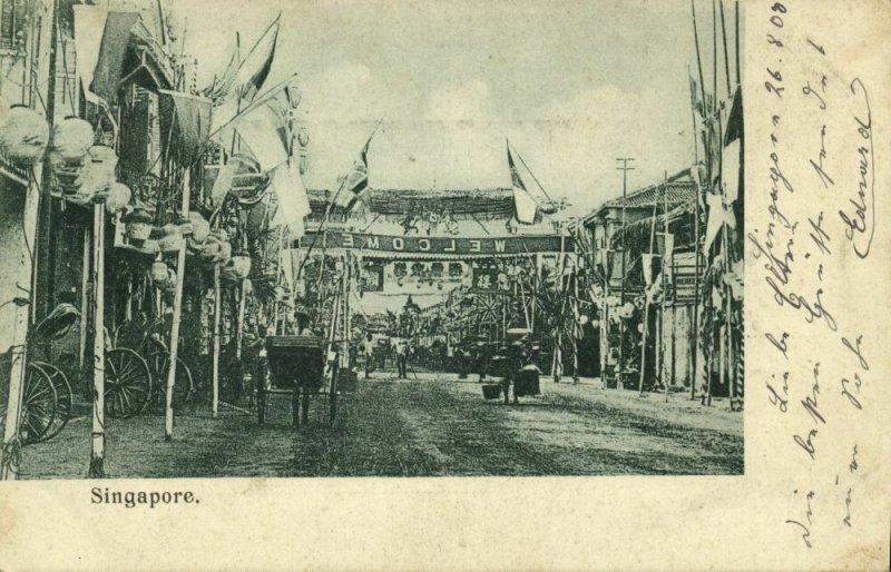 straits settlements, SINGAPORE, Street Scene Welcome Banner (1903) Postcard (1)