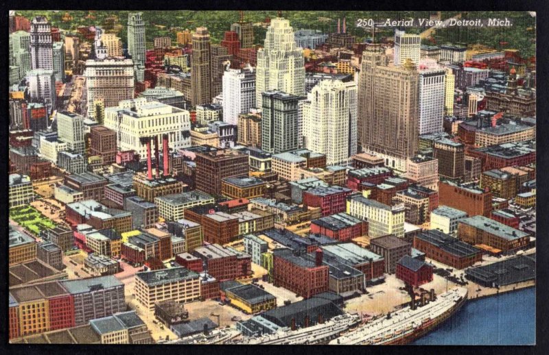 MI DETROIT Aerial View Towering Skyscrapers Detroit River with Belle Isle pm1946