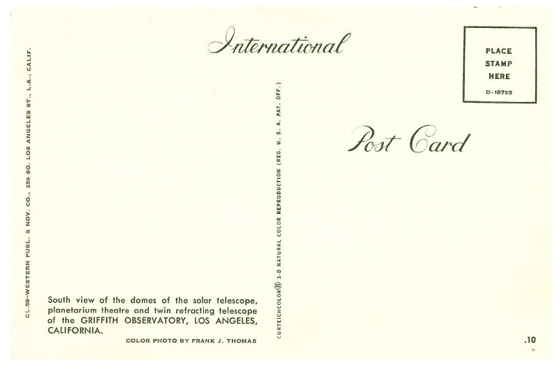 Griffith Observatory Los Angeles California Continental Postcard