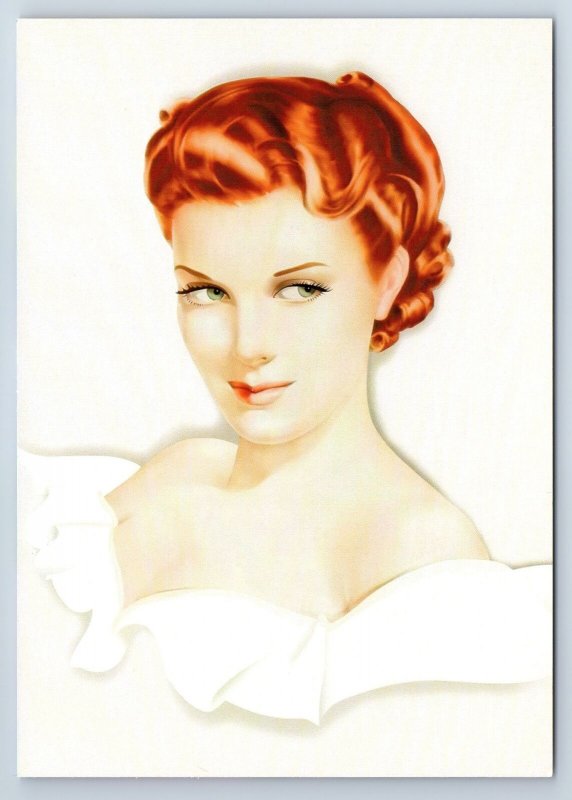 PIN UP ART RED Hair Woman Green eyes Portrait GIRL by Vargas Modern Postcard