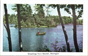 Postcard Michigan Greetings from Beulah Man in Canoe Fishing 1950s V206
