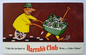 Harrahs Club Casino Postcard Man Wheels Wheelbarrel VIP Reno Lake Tahoe Nevada