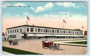 ZION CITY, IL~ Street Scene ZION STORES  c1910s Lake County c1910s Cars Postcard