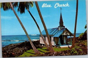 Postcard HI Kona Blue Church - St. Peter's with palm trees
