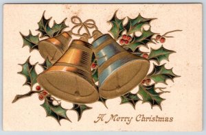 1907-10's MERRY CHRISTMAS SILVER GOLD BELLS VICTORIAN EMBOSSED ANTIQUE POSTCARD