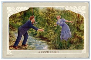 c1910's Sweet Couple Romance Woman Trapped Fishing Rod Posted Antique Postcard