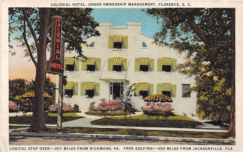 B51/ Florence South Carolina SC Postcard c1910 Colonial Hotel Building