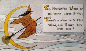Halloween Postcard Witch On Broom Crescent Moon Signed AMC Series 1006 S &W 1920